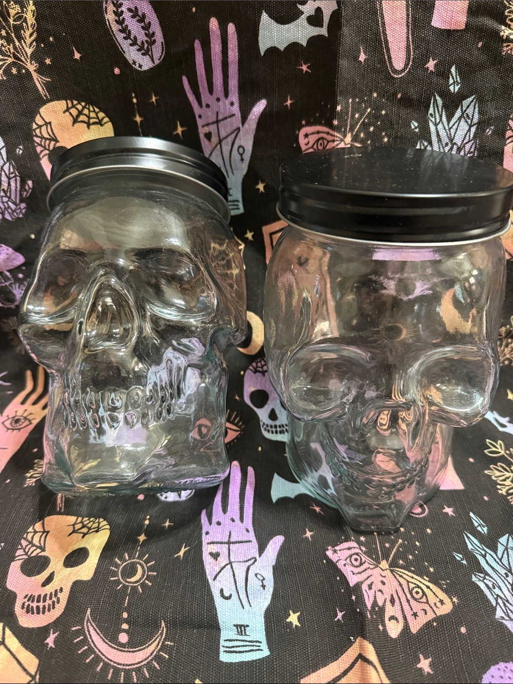 Halloween 2 glass skeleton jars used for decor storing snacks drinks parties